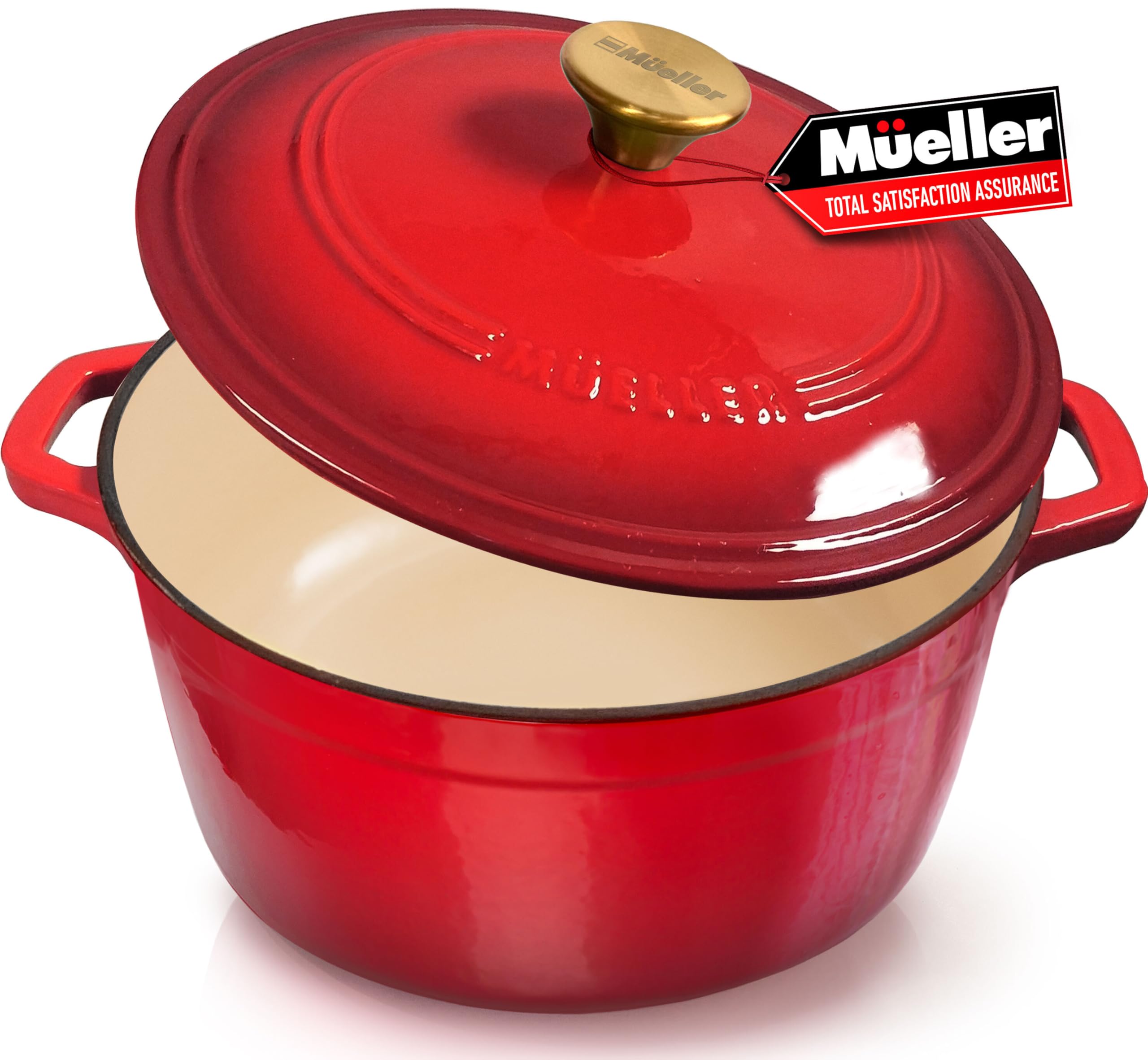 Mueller Home DuraCast 6qt Dutch Oven with lid on stove showing even heat capability