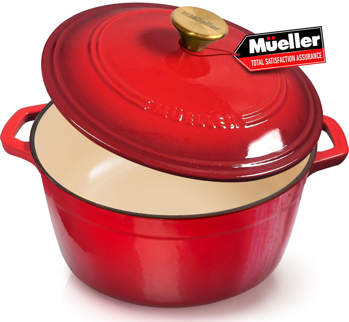 Mueller Home DuraCast 6qt Dutch Oven with lid on stove showing even heat capability
