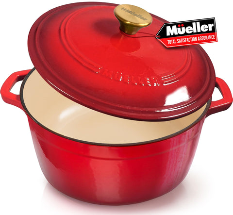 Mueller Home DuraCast 6qt Dutch Oven with lid on stove showing even heat capability