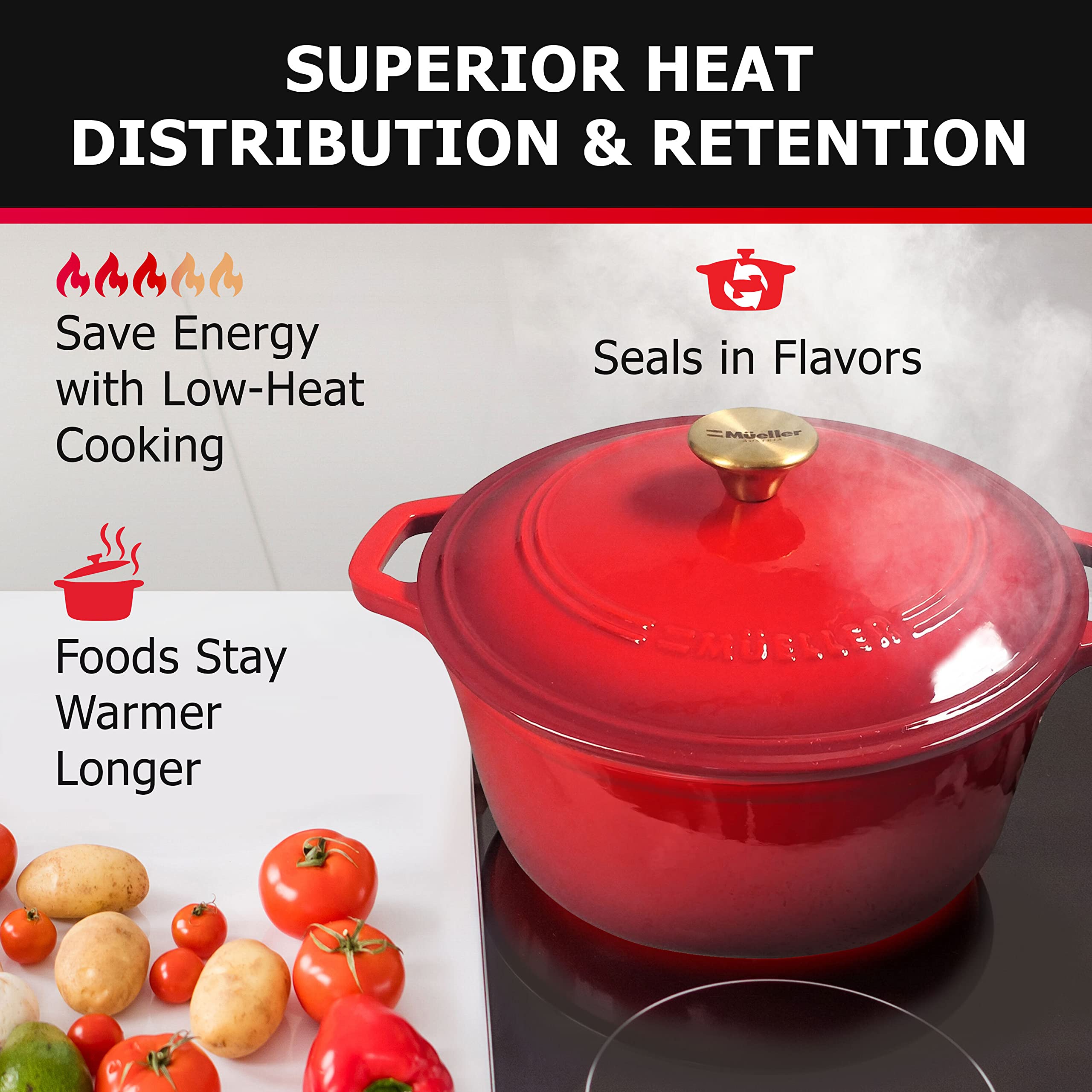 Mueller Home DuraCast Dutch Oven wide handles for secure lifting