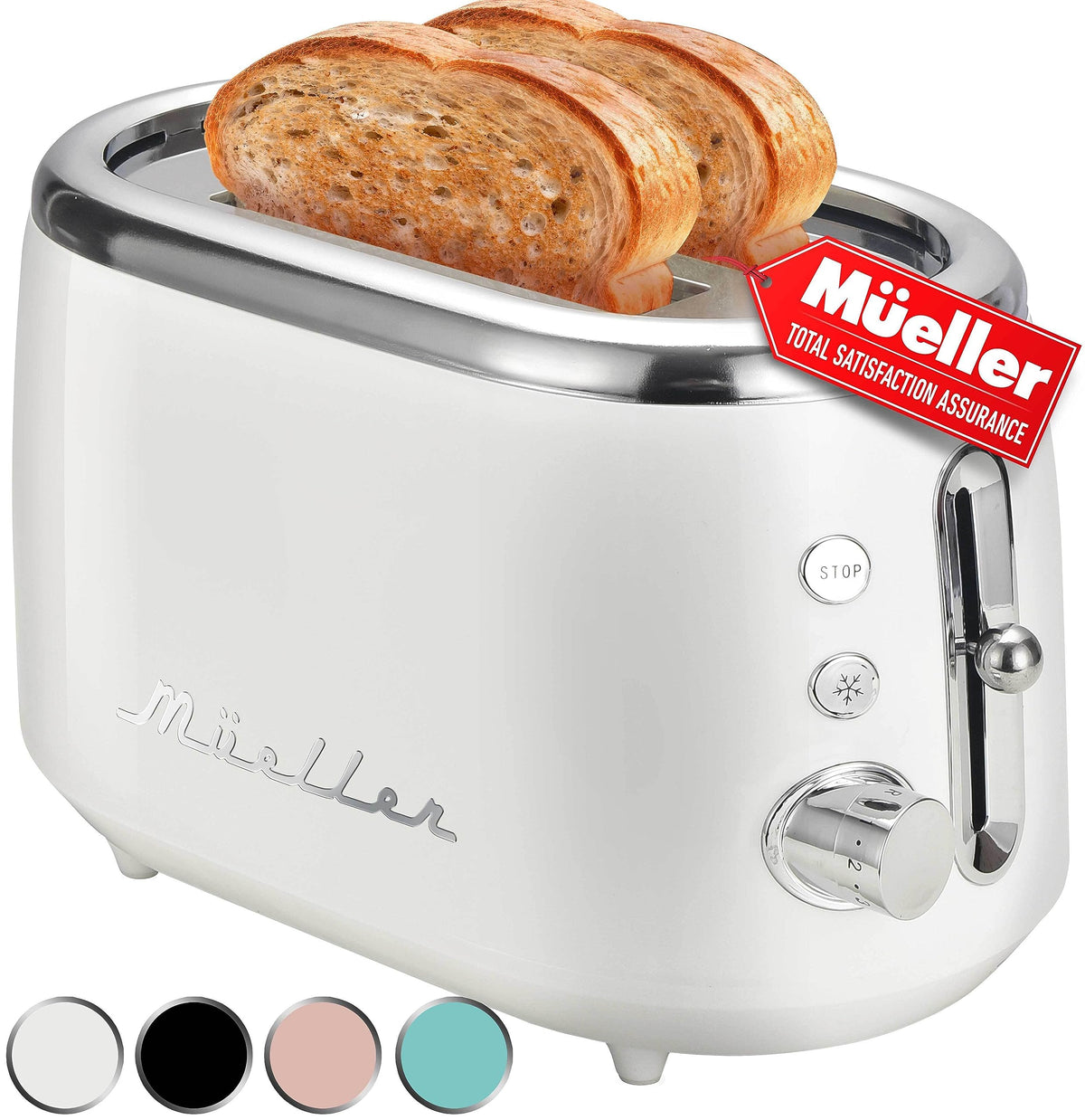 MUELLER HOME retro toaster front view shows compact design for small kitchens.