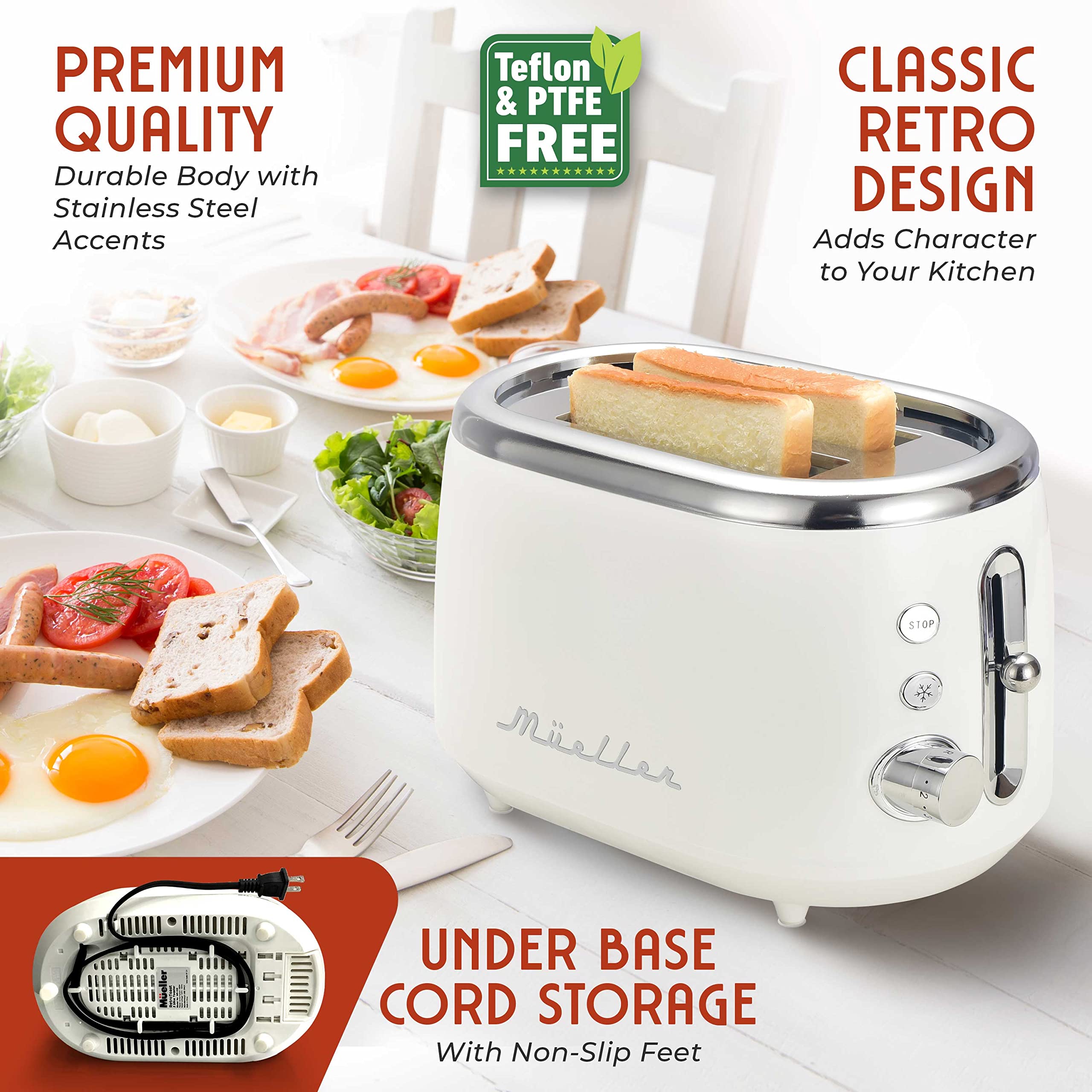 MUELLER HOME retro toaster removable crumb tray eases quick cleaning.