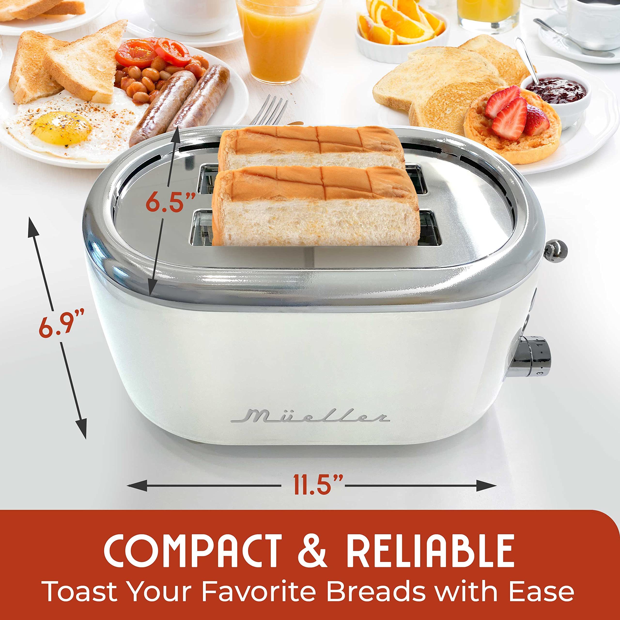 MUELLER HOME retro toaster bread-slot close-up highlights self-centering slots for even browning.