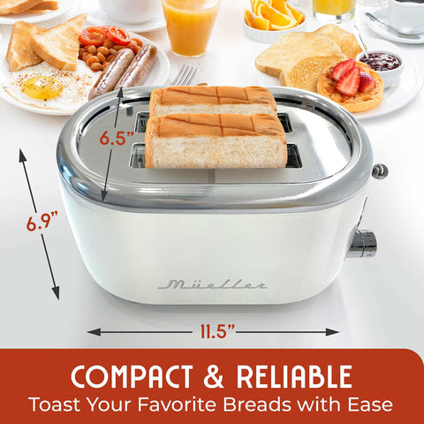 MUELLER HOME retro toaster bread-slot close-up highlights self-centering slots for even browning.