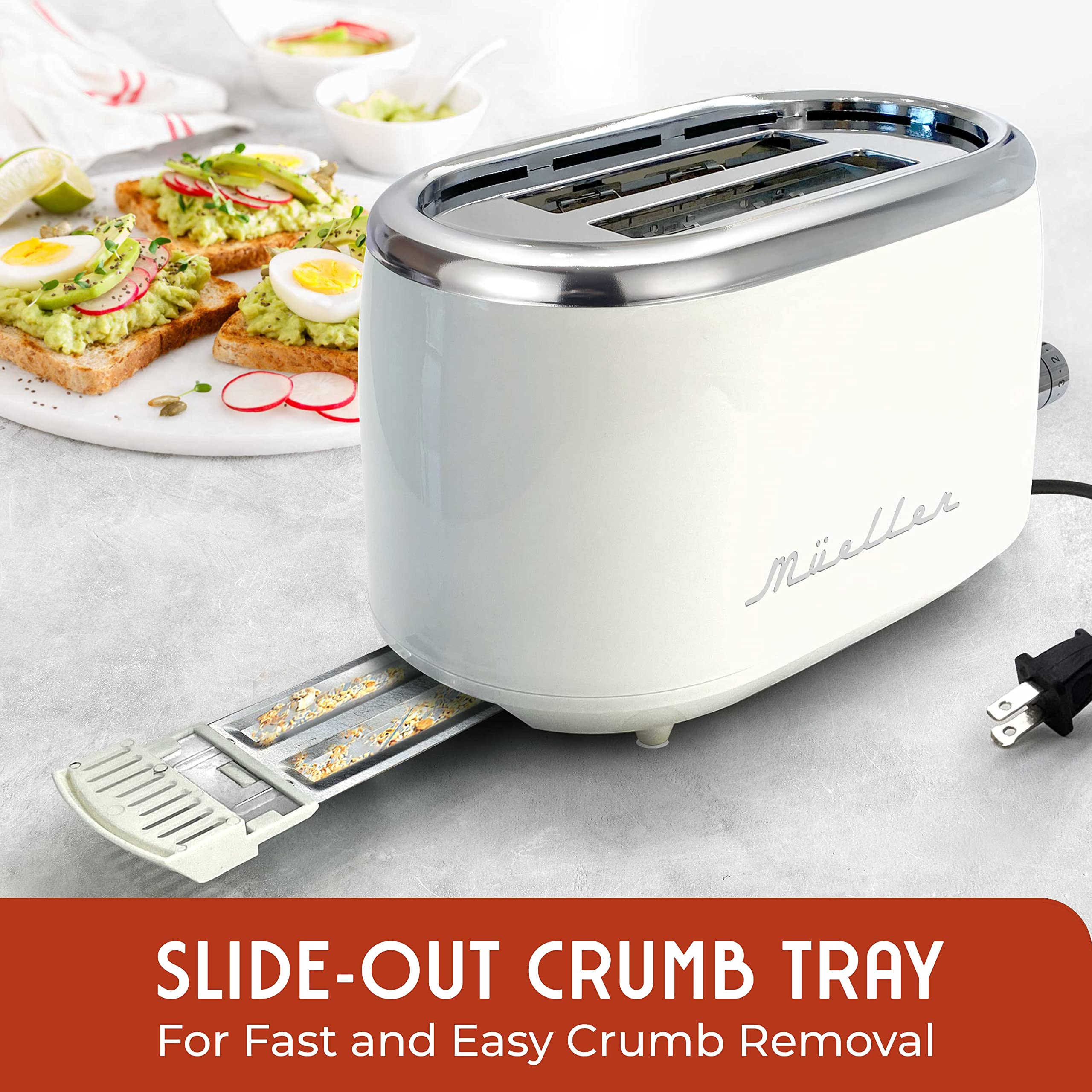 MUELLER HOME retro toaster under-base cord storage keeps countertops tidy.