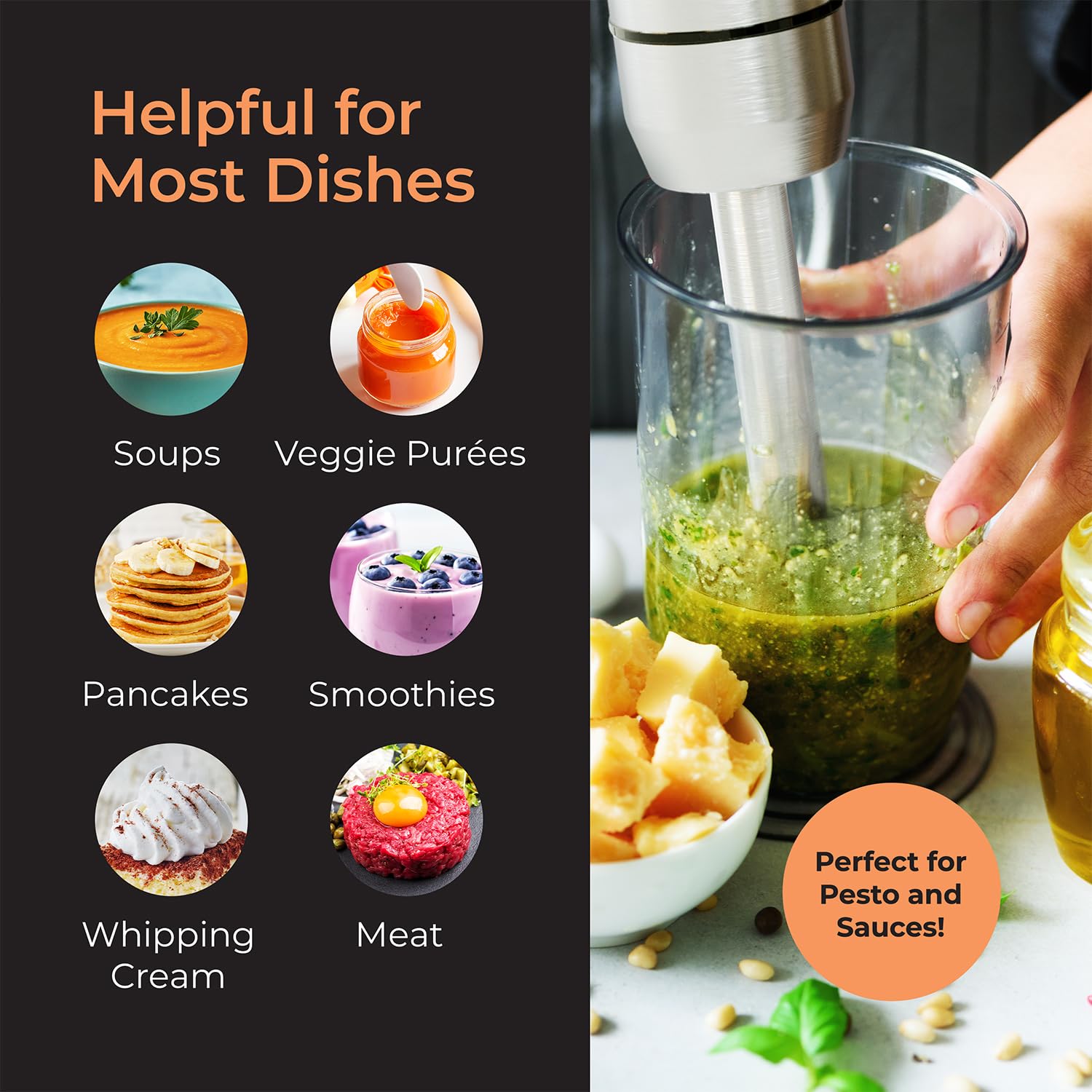 MuellerLiving immersion hand blender chopper bowl for quick chopping of veggies and herbs.