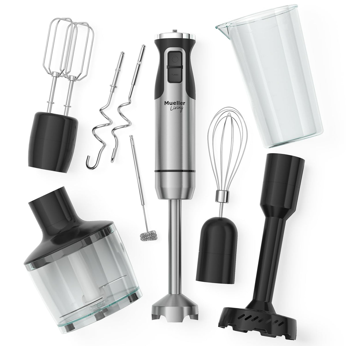 MuellerLiving immersion hand blender full set for versatile meal prep and quick blending.
