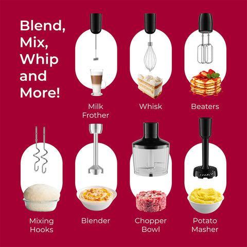 MuellerLiving immersion hand blender milk frother for creamy foams and latte textures.