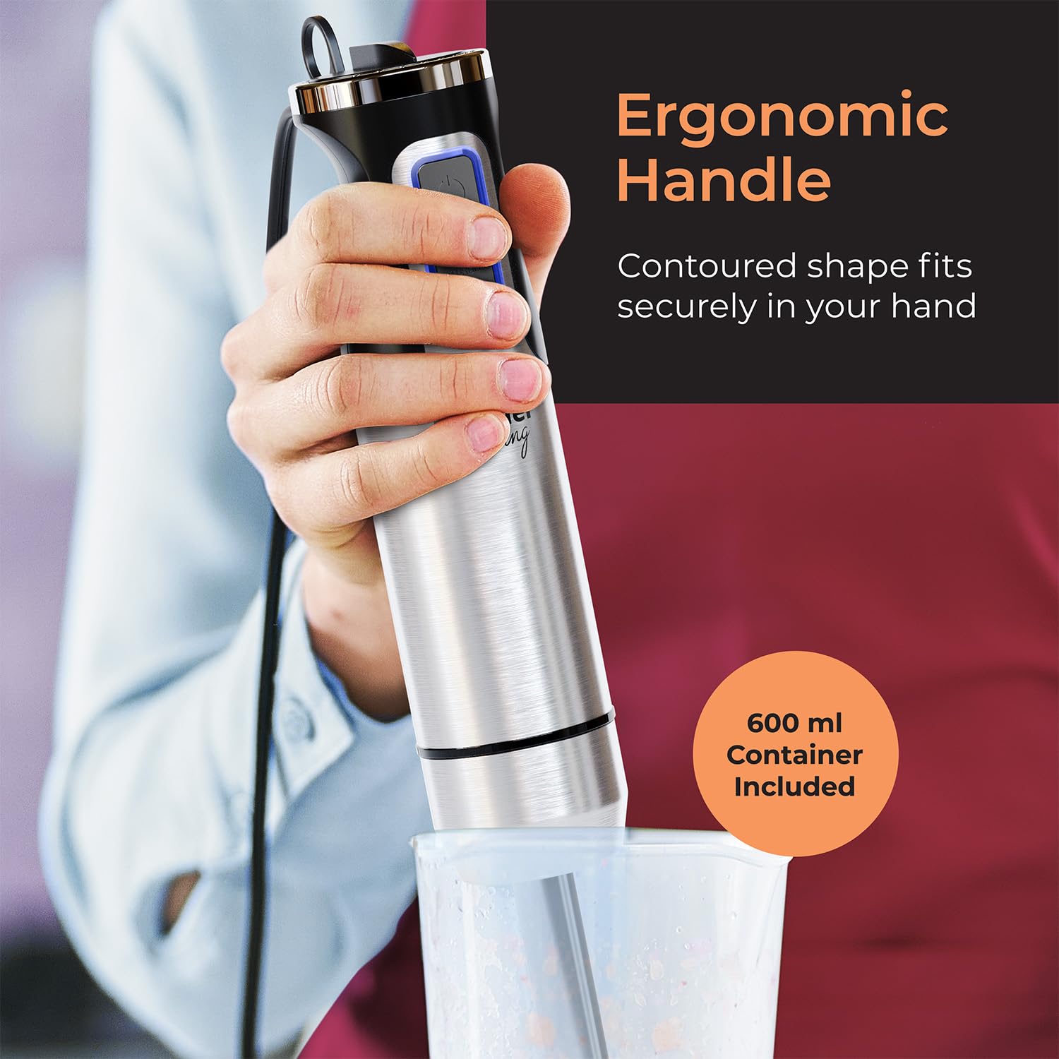 MuellerLiving immersion hand blender potato masher for silky mashed potatoes and fruits.