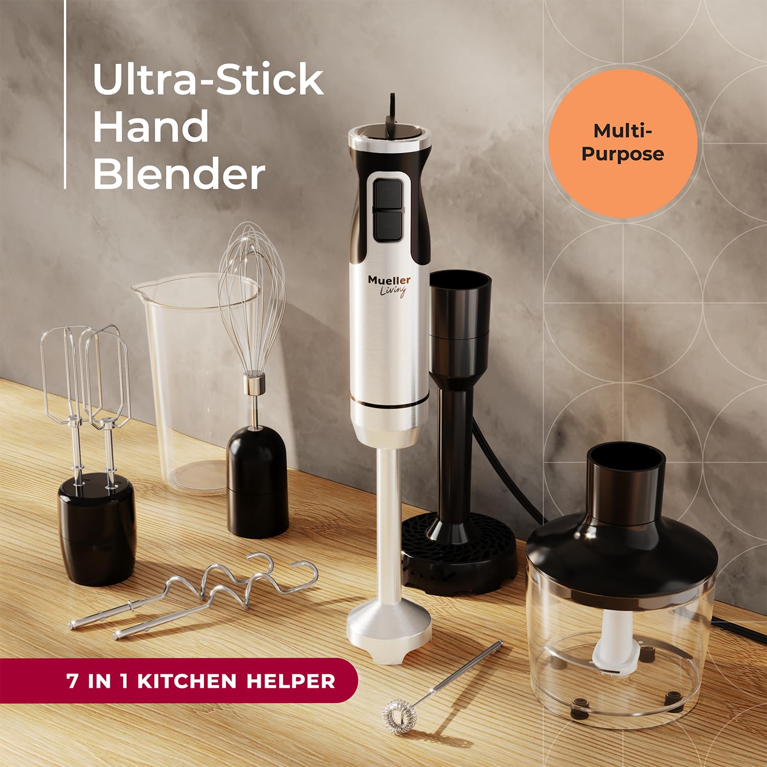 MuellerLiving immersion hand blender stainless-steel shaft highlights powerful blending for soups and shakes.