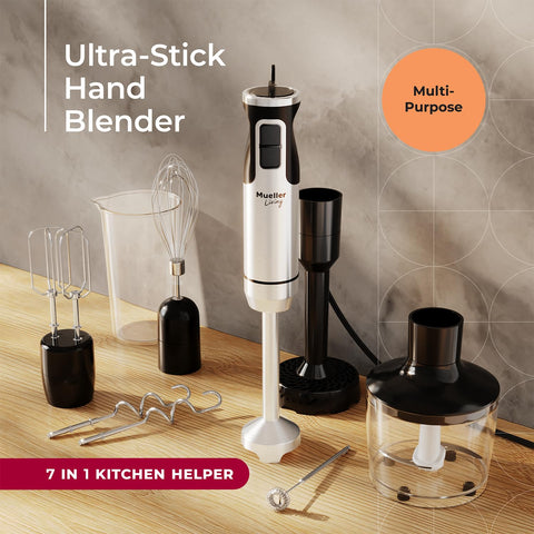 MuellerLiving immersion hand blender stainless-steel shaft highlights powerful blending for soups and shakes.