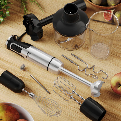 MuellerLiving immersion hand blender turbo mode for boosted power and faster blending.