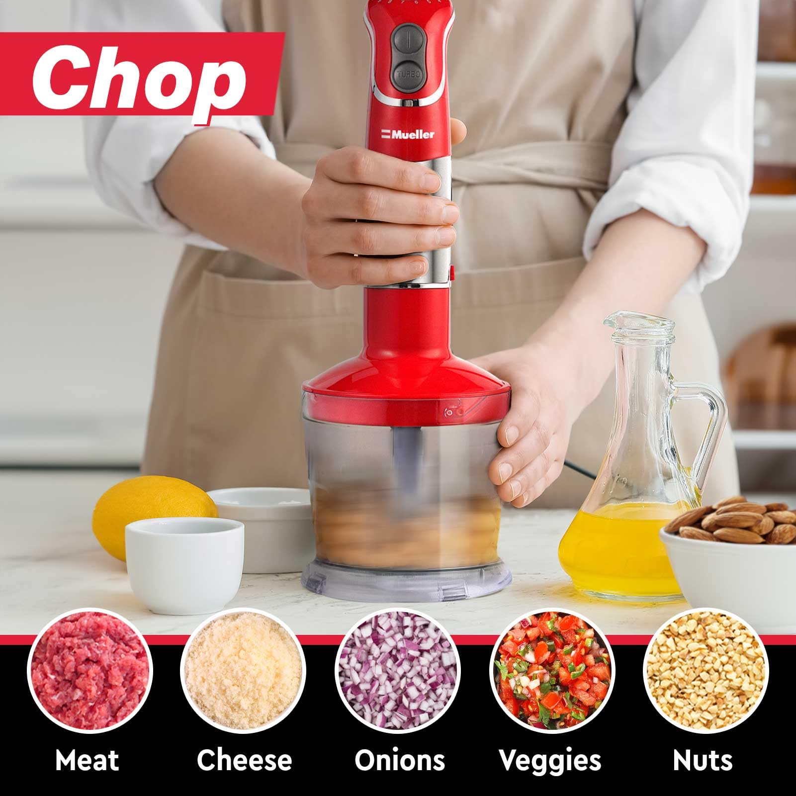Mueller Multistick 20oz beaker and 16oz chopper for mess-free prep.