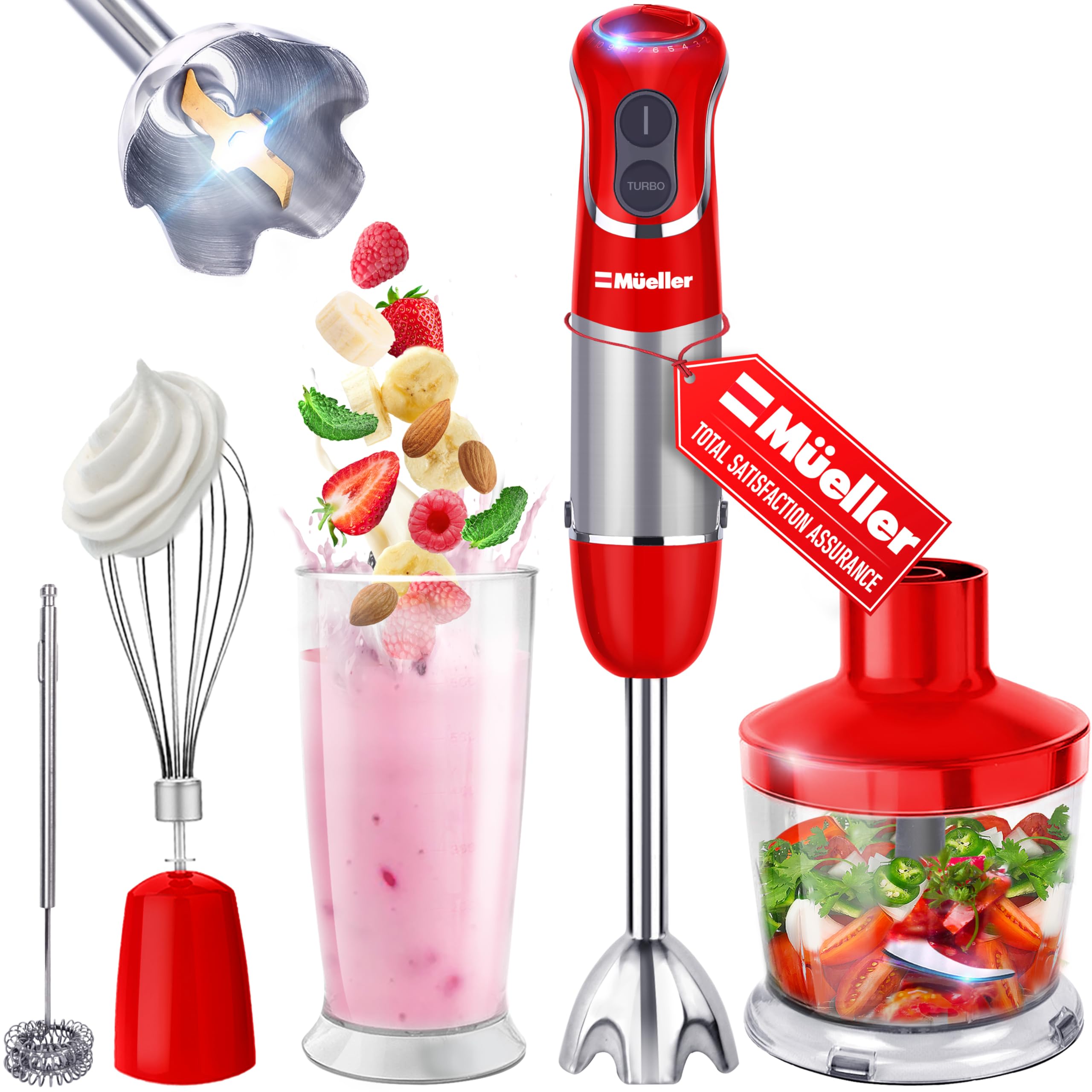 Mueller Multistick 800W red handle for powerful blending and comfortable grip.