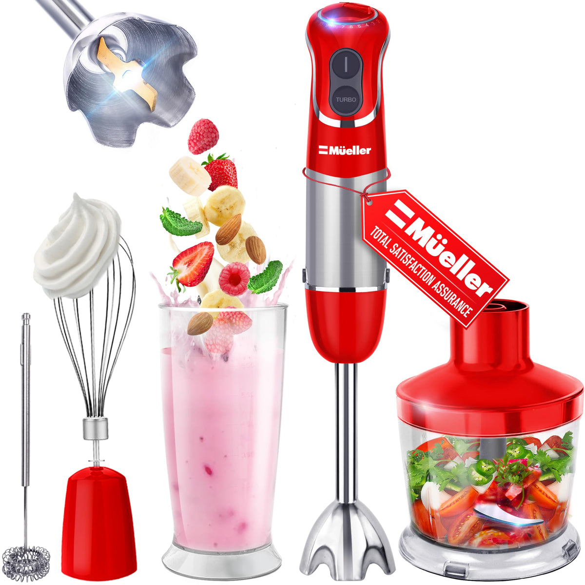 Mueller Multistick 800W red handle for powerful blending and comfortable grip.
