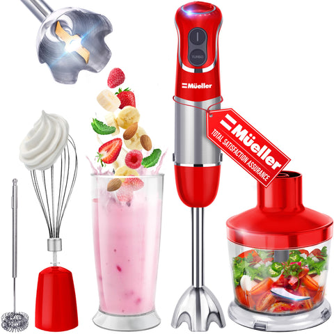 Mueller Multistick 800W red handle for powerful blending and comfortable grip.