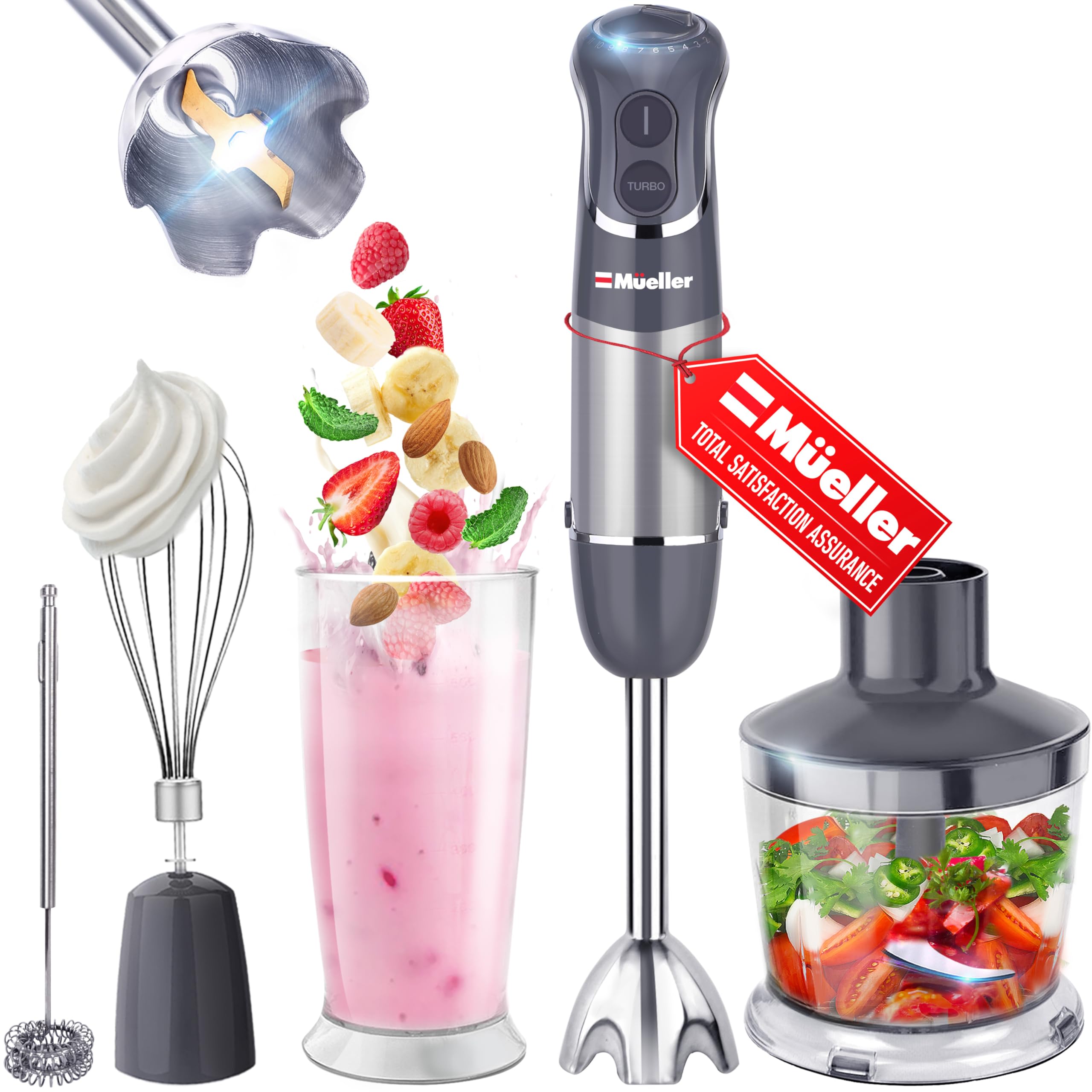 Mueller Multistick immersion blender setup with attachments for quick blending tasks