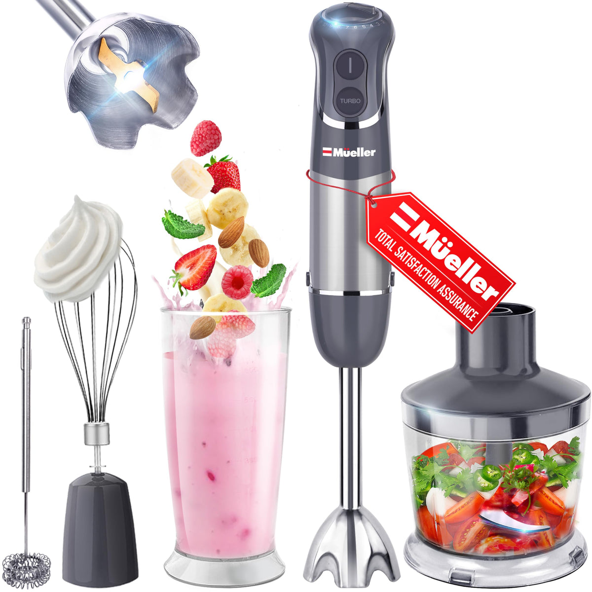 Mueller Multistick immersion blender setup with attachments for quick blending tasks