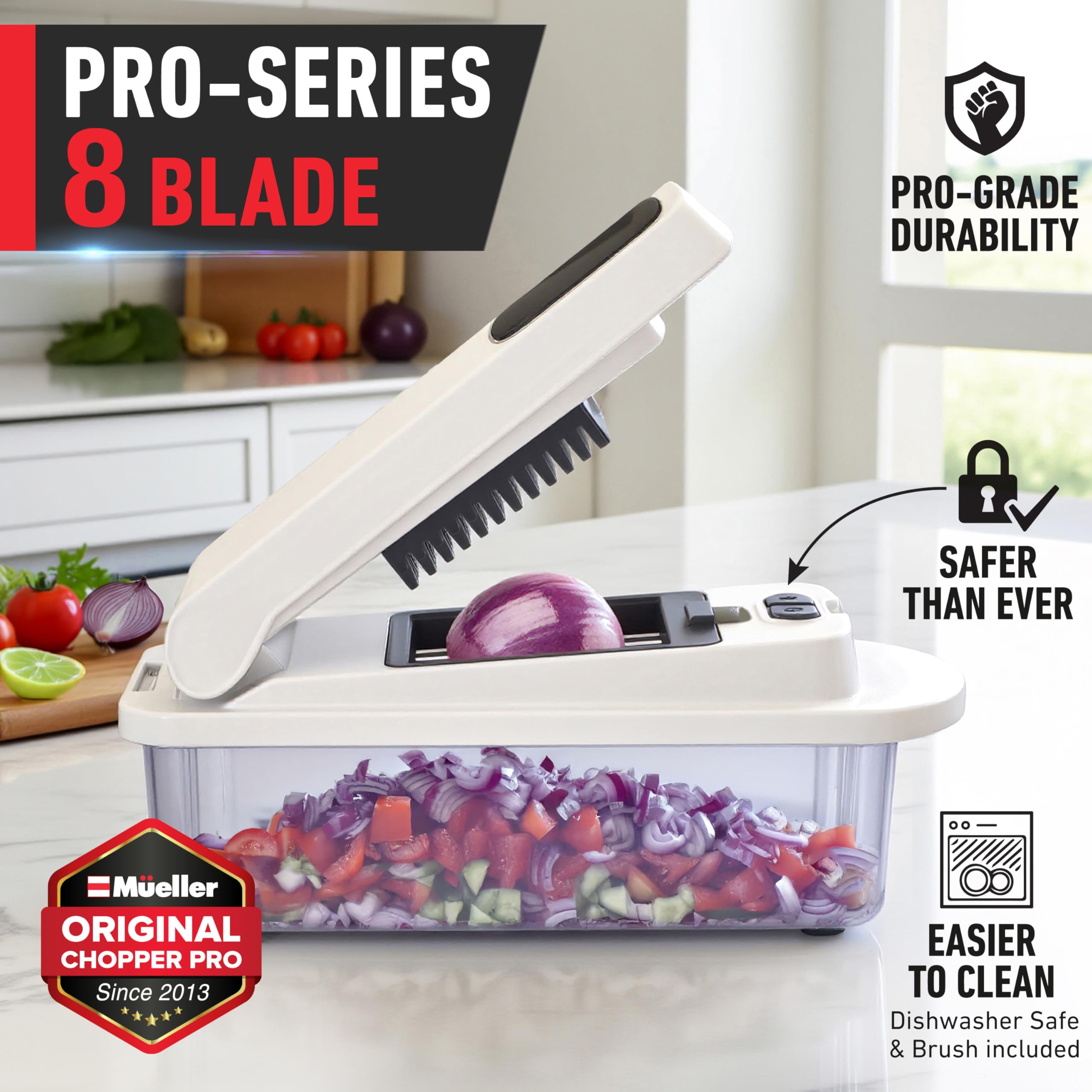 Mueller Pro Chopper dice and slice blades for precise results.