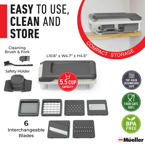 Mueller pro chopper shown with dishwasher-safe parts for easy cleanup.