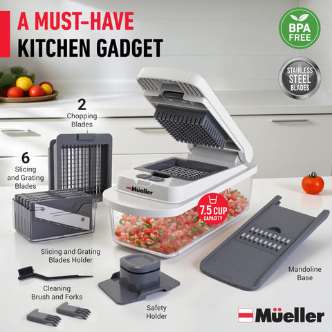 Mueller Pro Chopper food holder prevents slips during slicing.