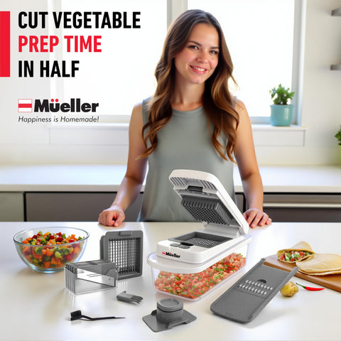 Mueller Pro Chopper in use with vegetables on a sturdy countertop.
