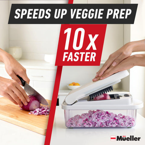Mueller Pro Chopper julienne blade in action for shredded strips.