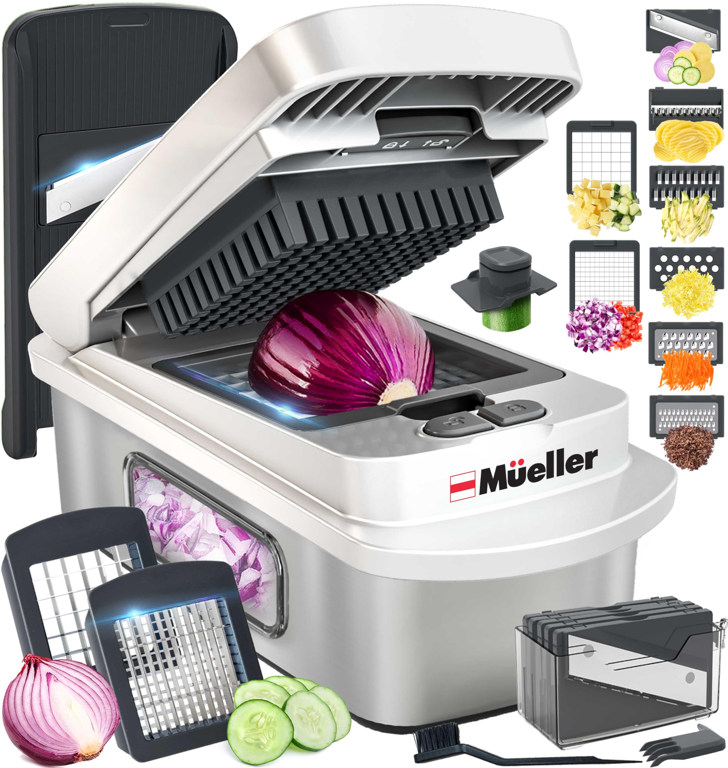 Mueller Pro-Series 10-in-1 chopper blades in action for fast, uniform dicing.
