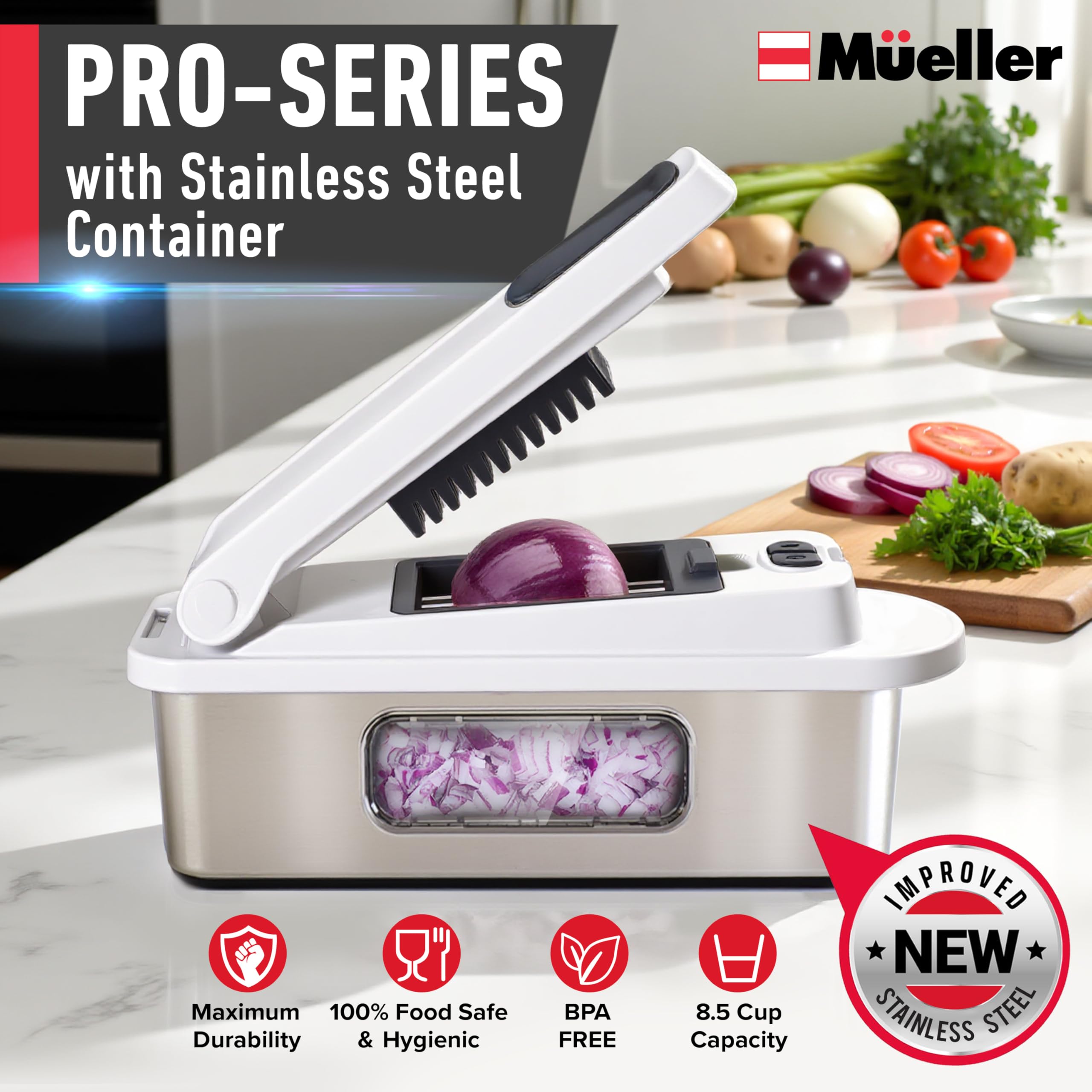 Mueller Pro-Series mandoline slicer demonstrates precise, even veggie cuts.