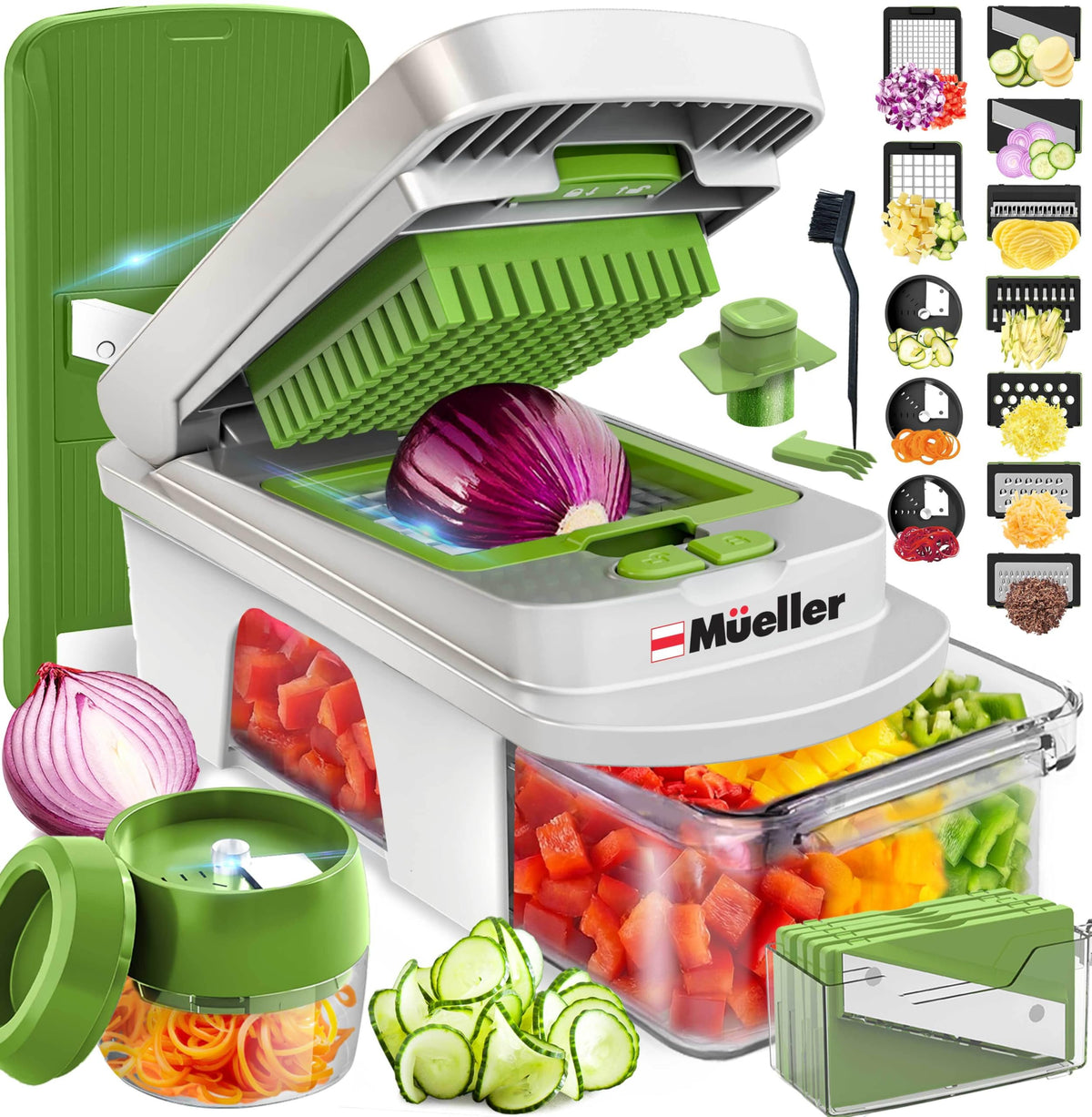 Mueller Pro-Series 12-blade mandoline assembly for precise, uniform slicing.