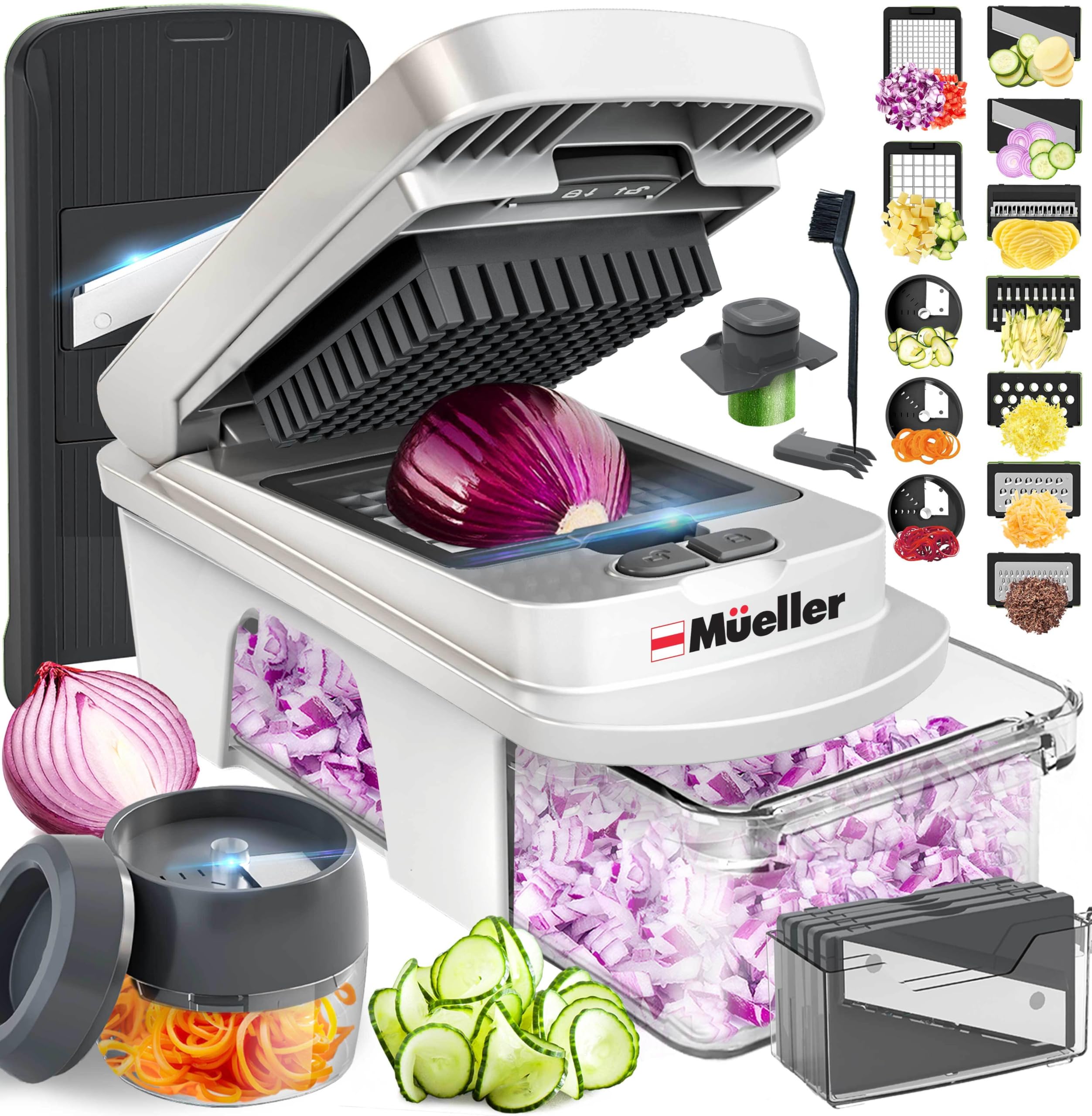Mueller Pro-Series 12-blade mandoline setup for versatile slicing and dicing tasks.