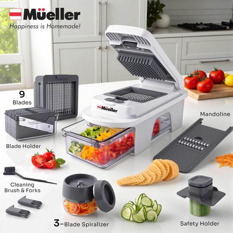 Mueller Pro-Series compact storage design fits neatly on crowded countertops.