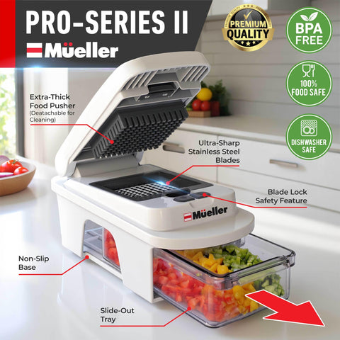 Mueller Pro-Series food container and holder stabilizes small vegetables during cutting.