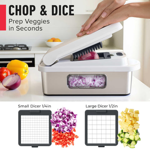 Mueller Pro-Series food holder stabilizes small vegetables for safe slicing.