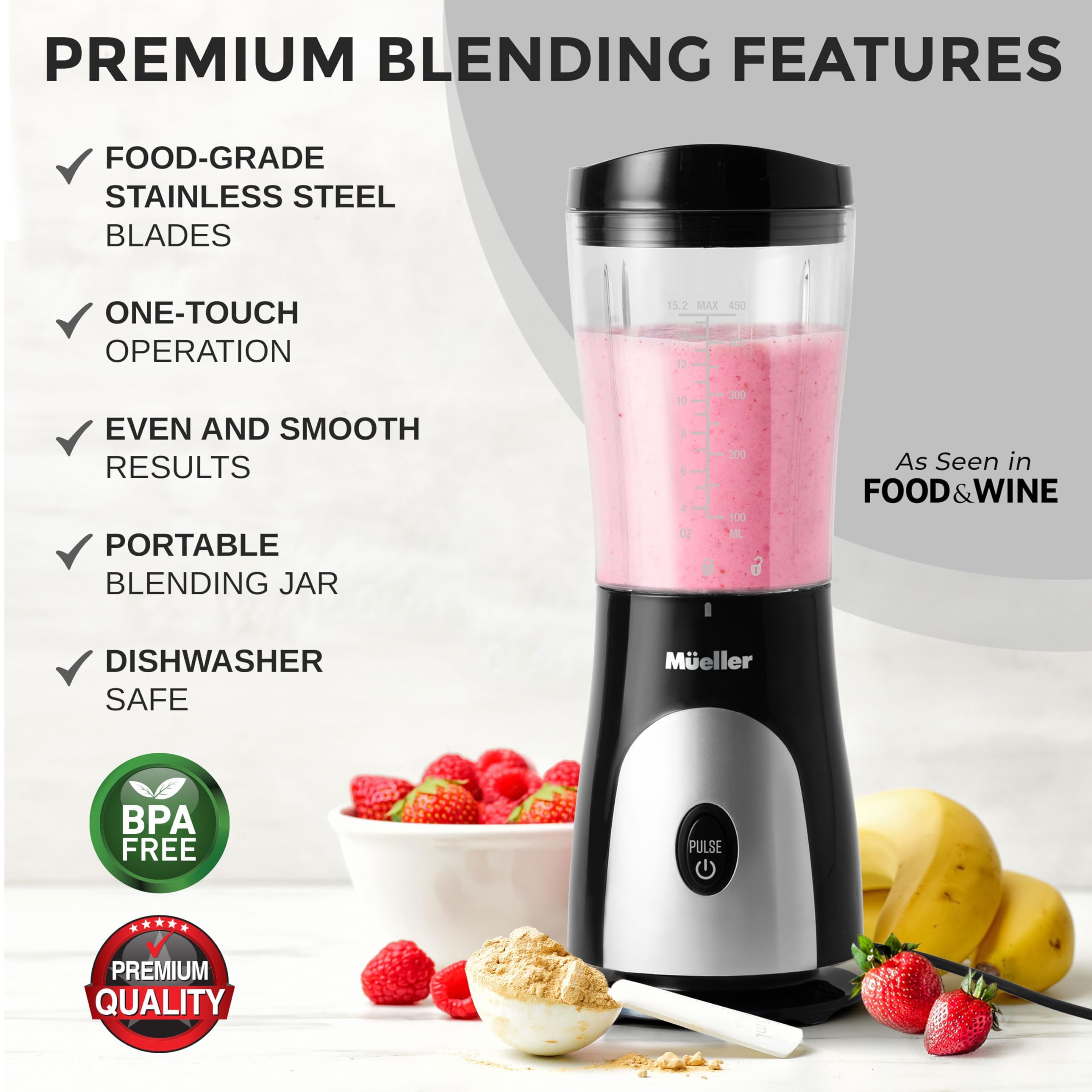 Mueller Smoothie Blender with travel cup and lid enables on-the-go drinks.
