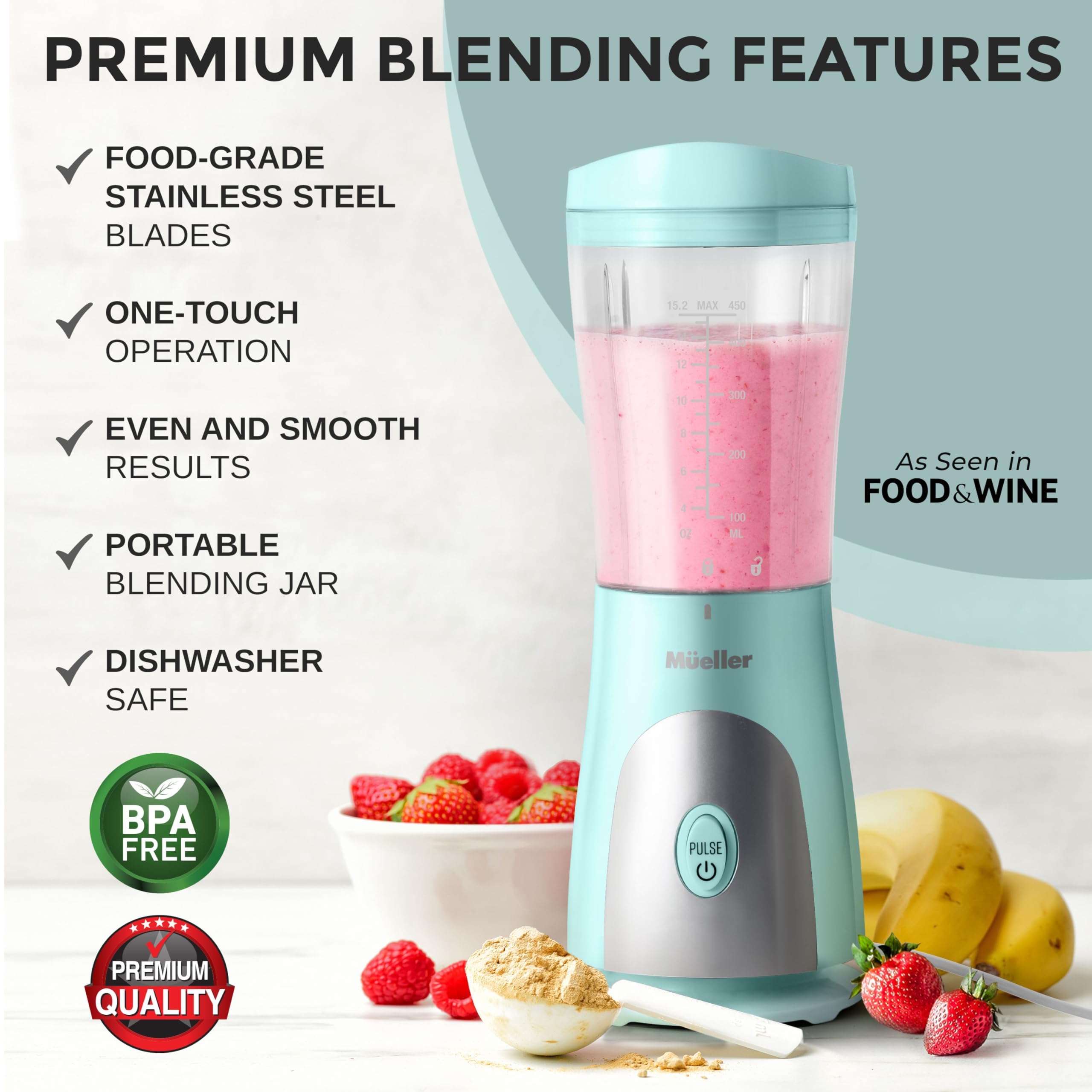 Mueller Smoothie Blender travel cup and lid for on-the-go blending.