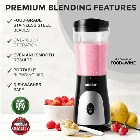 Mueller Smoothie Blender with travel cup and lid enables on-the-go drinks.