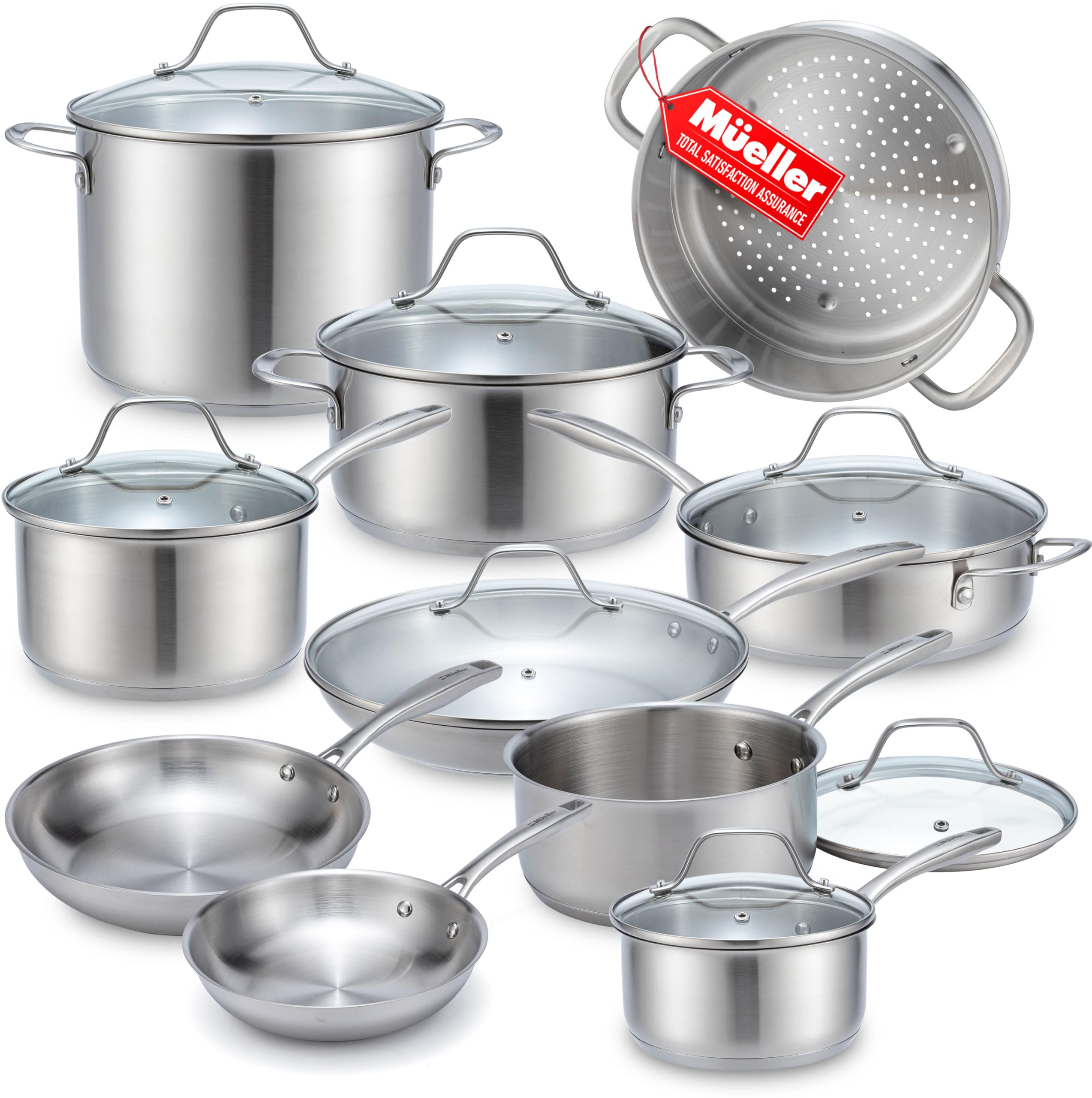 Mueller Ultra-Clad Pro 17-piece set front view with durable stainless steel and ergonomic handles.