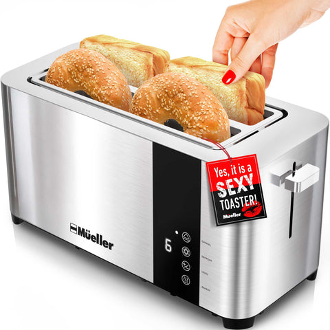 Mueller UltraToast front view showcasing durable brushed stainless steel and easy controls.