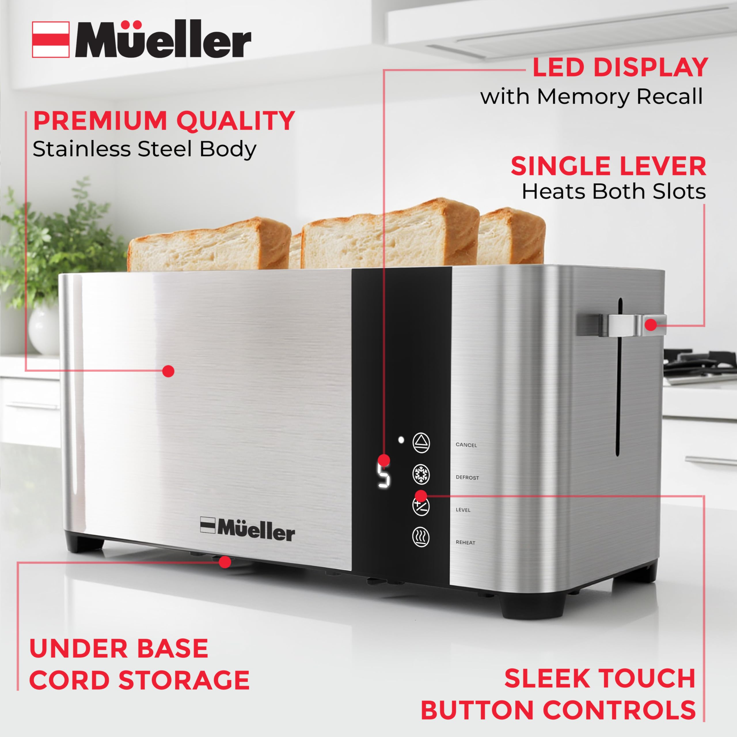 Mueller UltraToast self-centering guides ensure even browning.