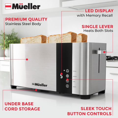 Mueller UltraToast self-centering guides ensure even browning.