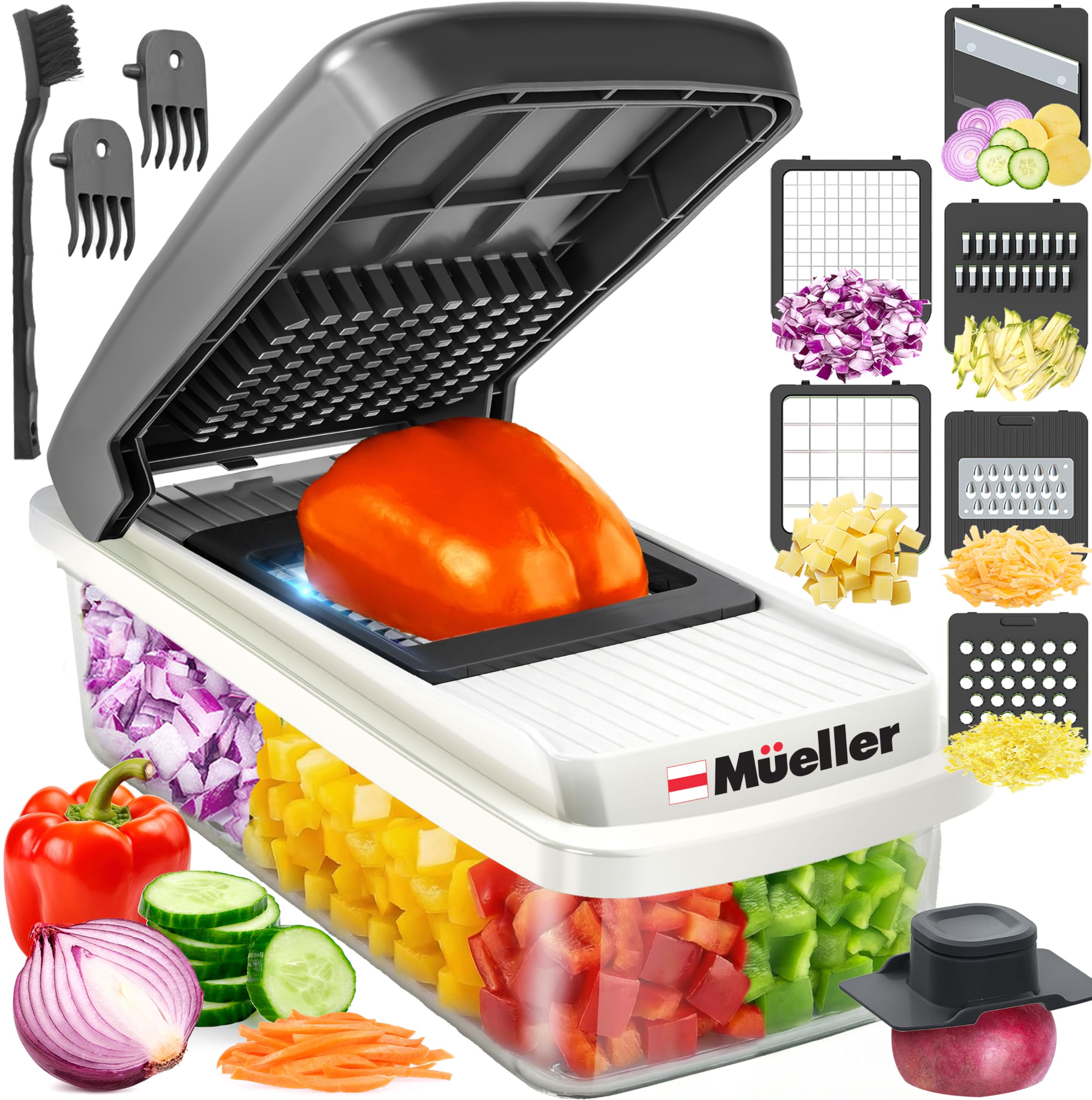 Mueller vegetable chopper blade set for quick onion dicing and prep.