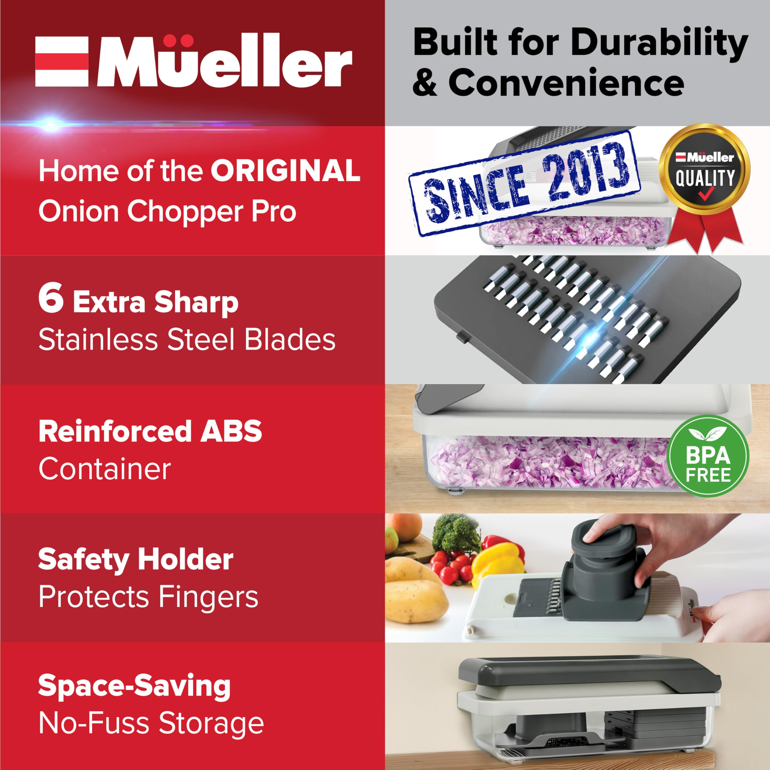 Mueller vegetable chopper container catches chopped ingredients for tidy work.