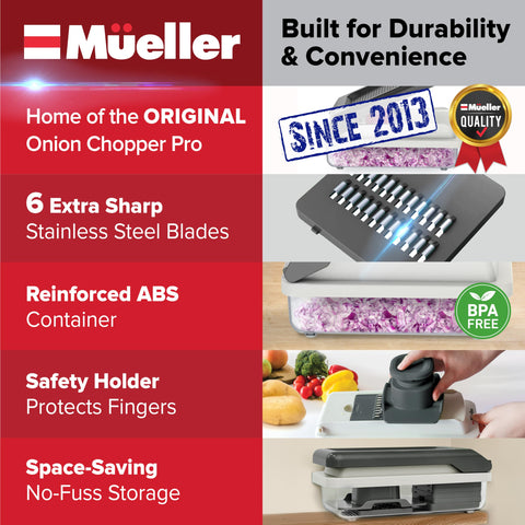 Mueller vegetable chopper container catches chopped ingredients for tidy work.