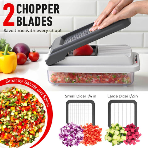 Mueller chopper with food holder stabilizes small vegetables during cutting.