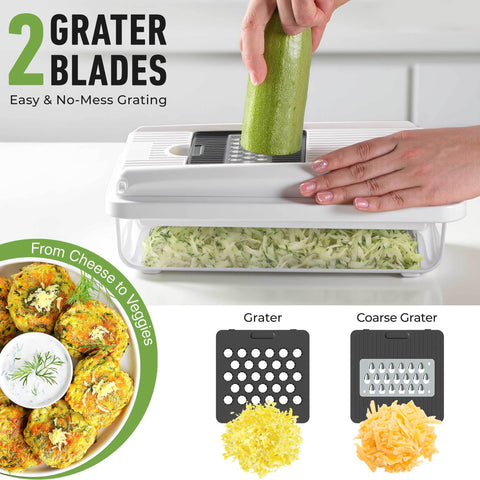 Mueller chopper with grater blades for fast shredding and grating tasks.