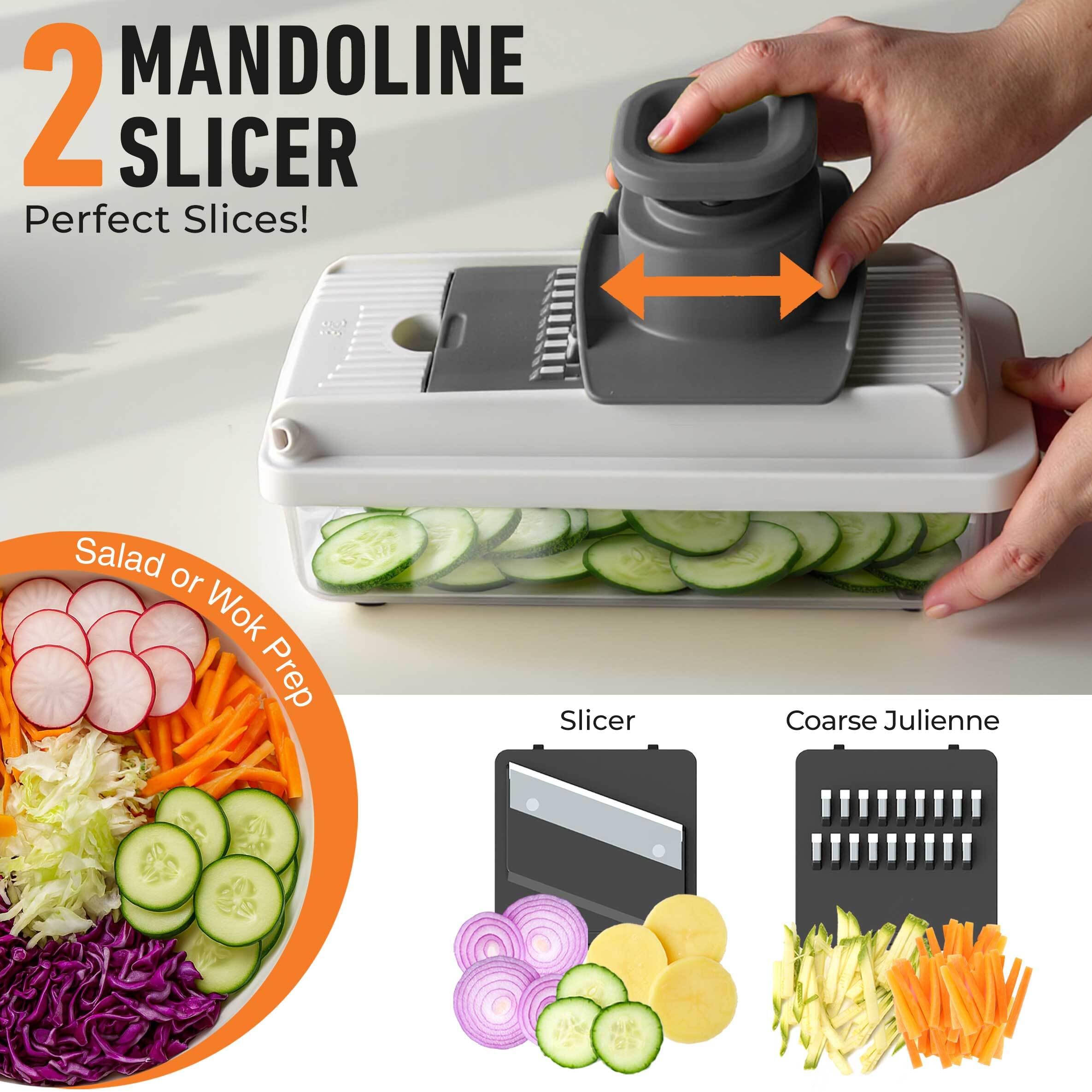 Mueller chopper with slicer attachments for versatile slicing and julienne cuts.
