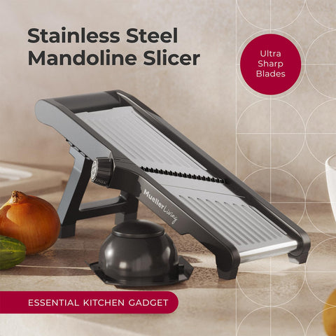 MuellerLiving mandoline with julienne dial for uniform matchstick strips.