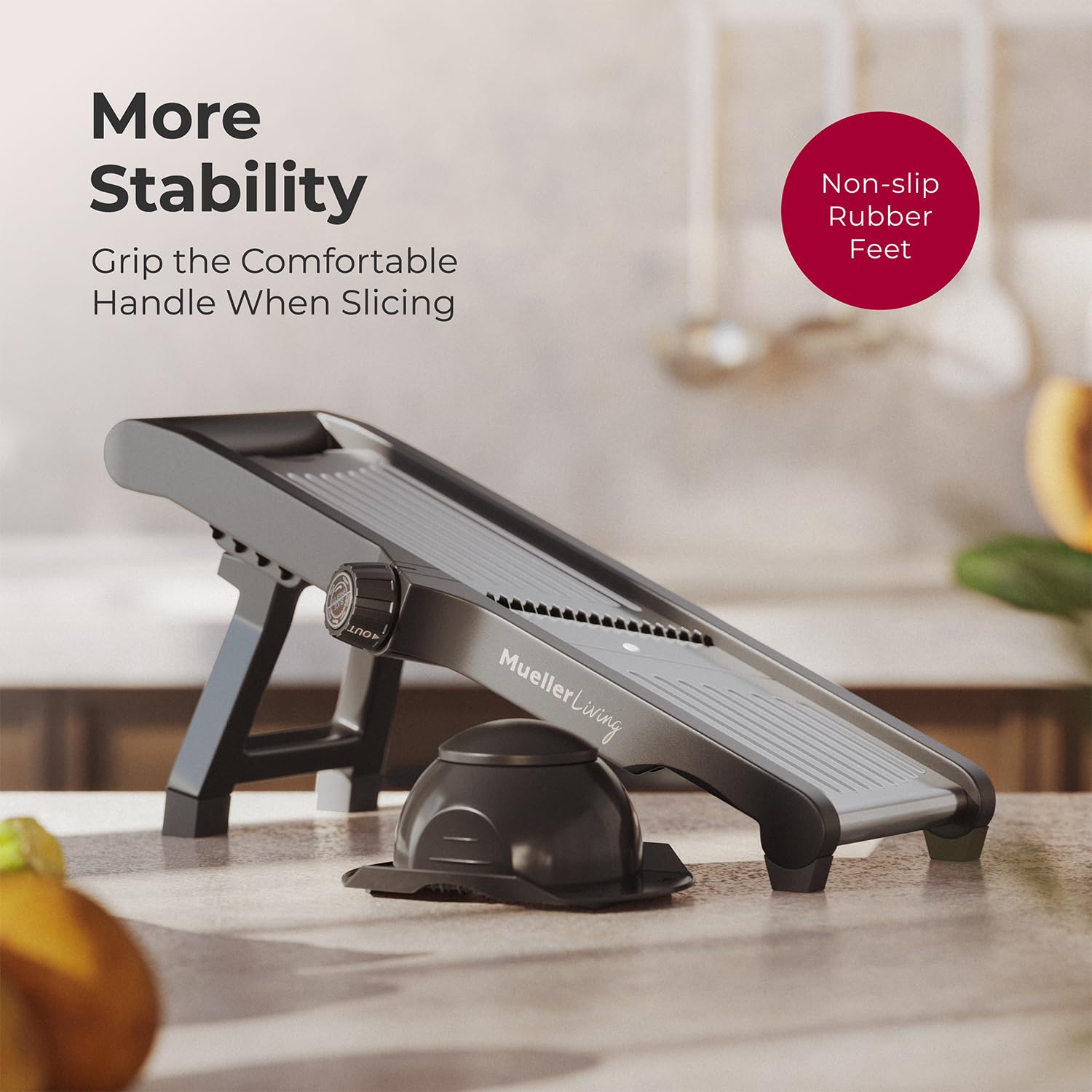MuellerLiving mandoline folds flat for drawer storage.
