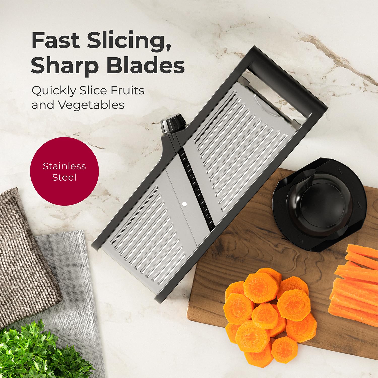 MuellerLiving mandoline safety pusher protects fingers during quick veggie prep.